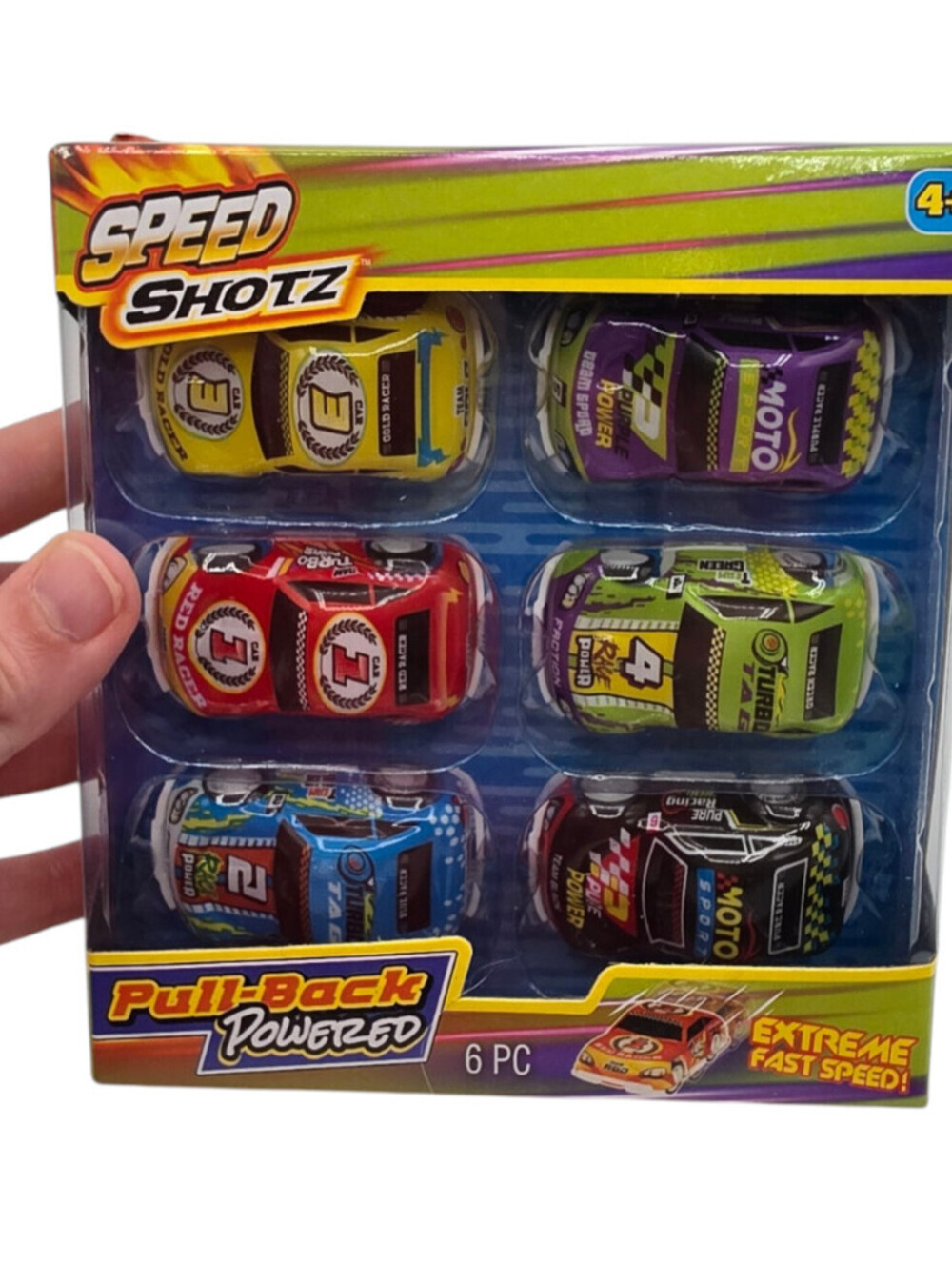 SPEED SHOTZ CARS Pull Back Race Car Set, 6 pc. Black Blue Red Green Purple